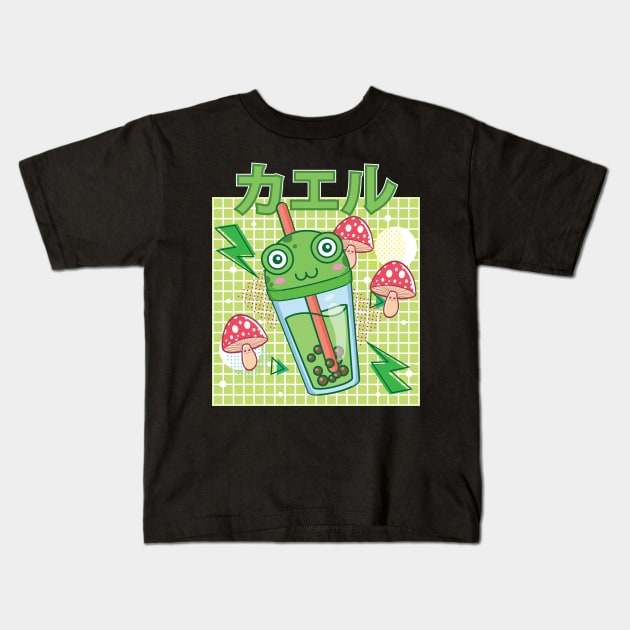 Cottagecore Aesthetic Japanese Bubble Tea Frog Kids T-Shirt by Alex21